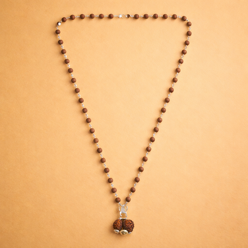 5 Mukhi Silver Rudraksha Mala - With Natural Gauri Shankar Rudraksha Pendant